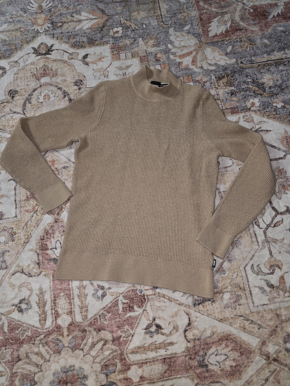 BOSS Men's Tan Ribbed Turtleneck Sweater
